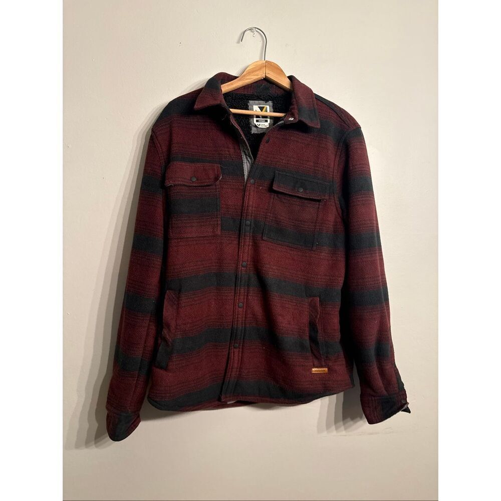 Voyager Maroon Black Striped Flannel Polar Fleece Button Up Shirt Jacket Medium